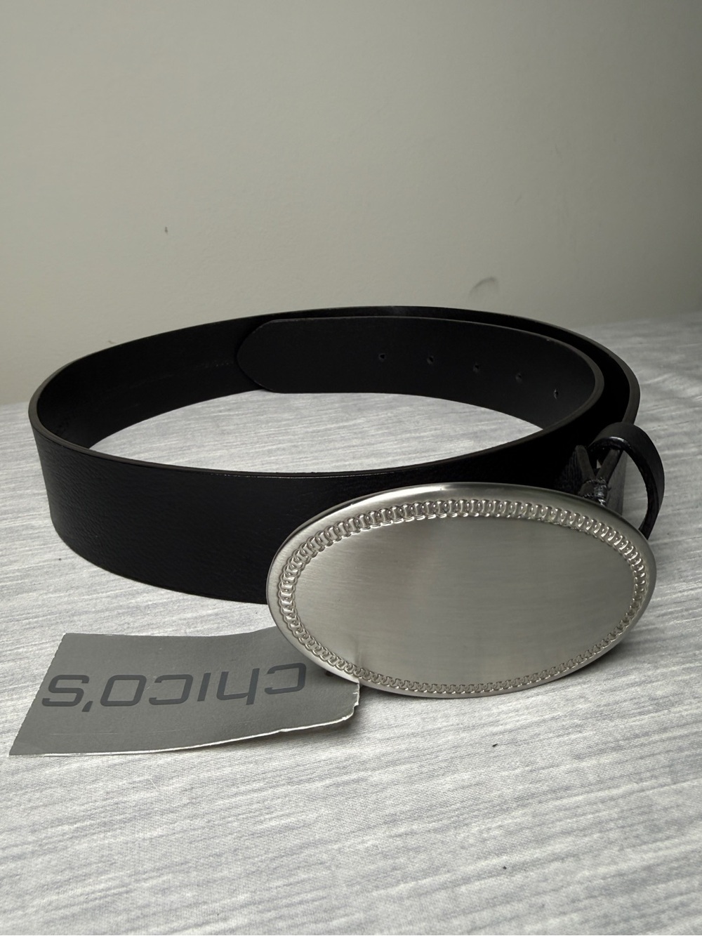 Chico’s Genuine Leather Belt Oval Silver Buckle Black Sz M